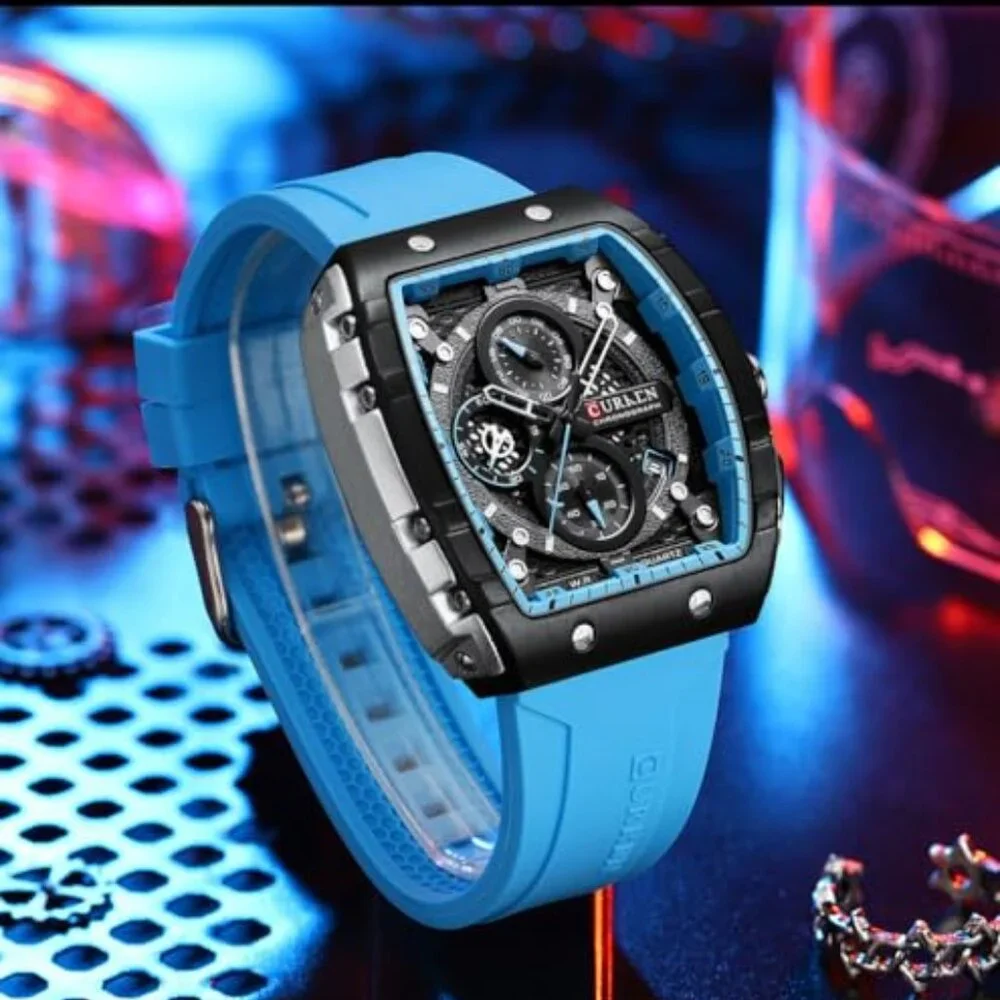 Men's Chronograph Watch with Rubber Strap, Date Window, Water Resistant